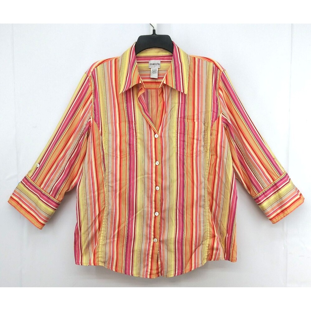 Chicos Shirt Women Size 3 Pink Orange Yellow Colorful Roll Tab Sleeve Button Up